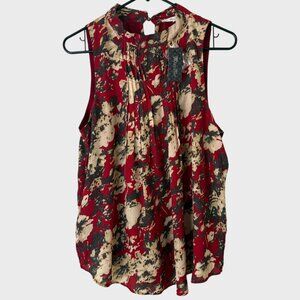 Miss Me Floral High-Neck Blouse Red Women's Size Large Pleated Chiffon Top New